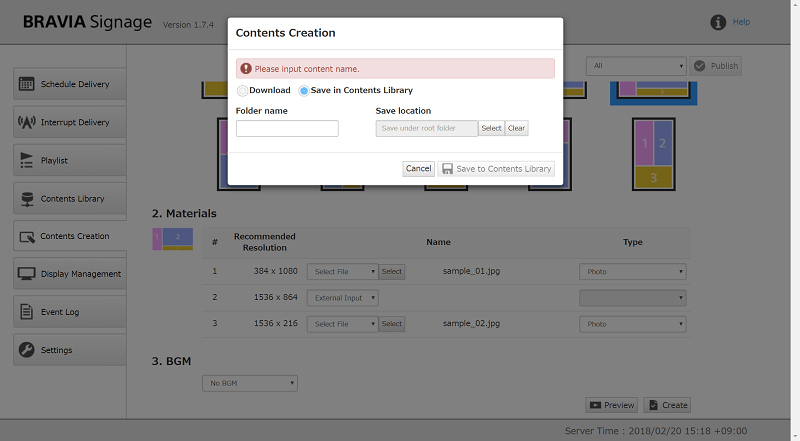 The dialog of the "Contents Creation" when "Save in Contents Library" is selected