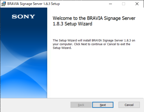 a screenshot of the BRAVIA Signage Server installation window