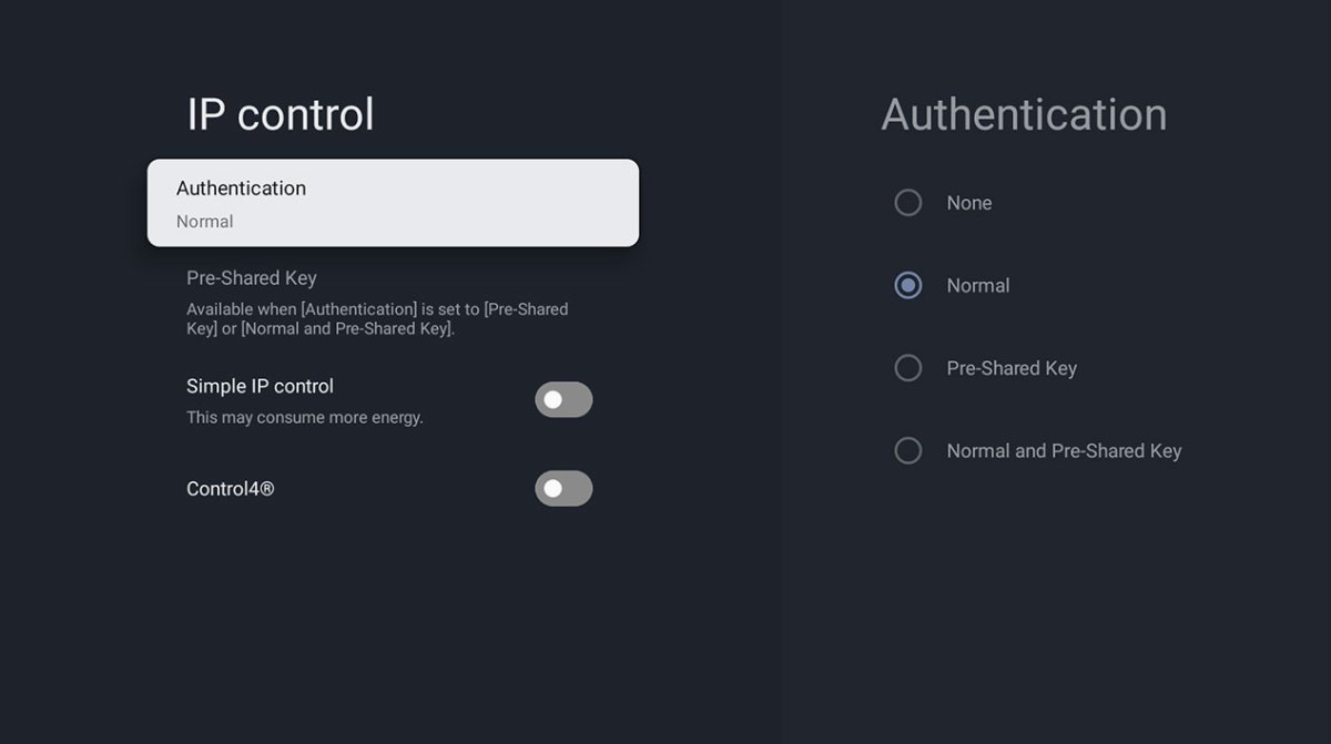 IP Control screen showing [Authentication] at the top